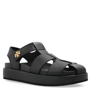 Tory Burch Black Fisherman Leather Sandals with Gold Logo